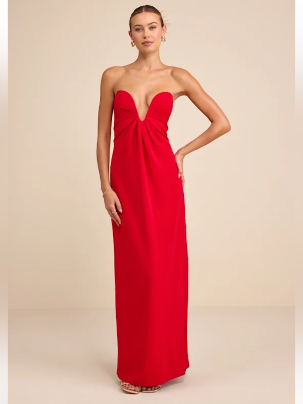 Lulus Thula Red Cutout U-Bar Column Maxi Dress NWT Size Large Strapless Formal
